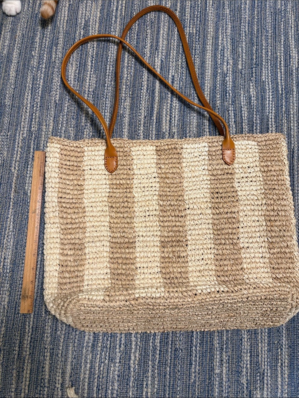 Bembien Woven Straw Tote Bag with Tan Handles - Natural Stripe